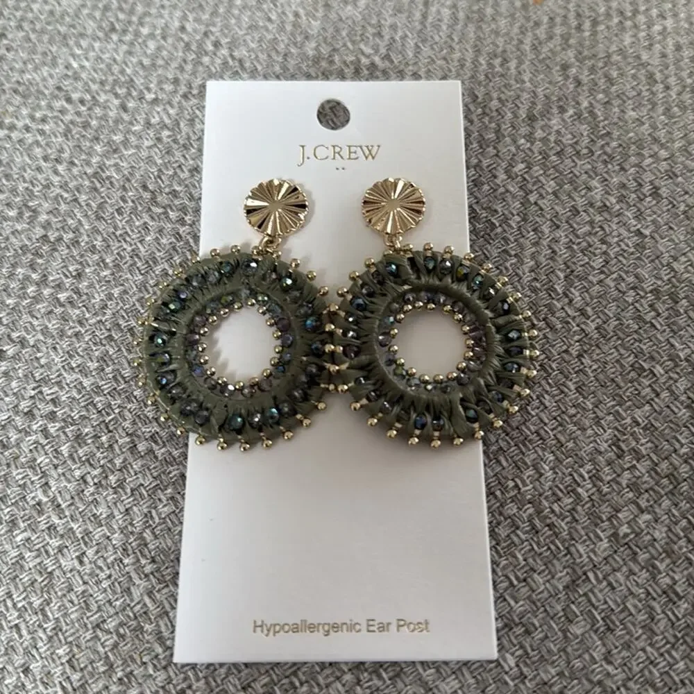 J. Crew Green Beaded circle earrings